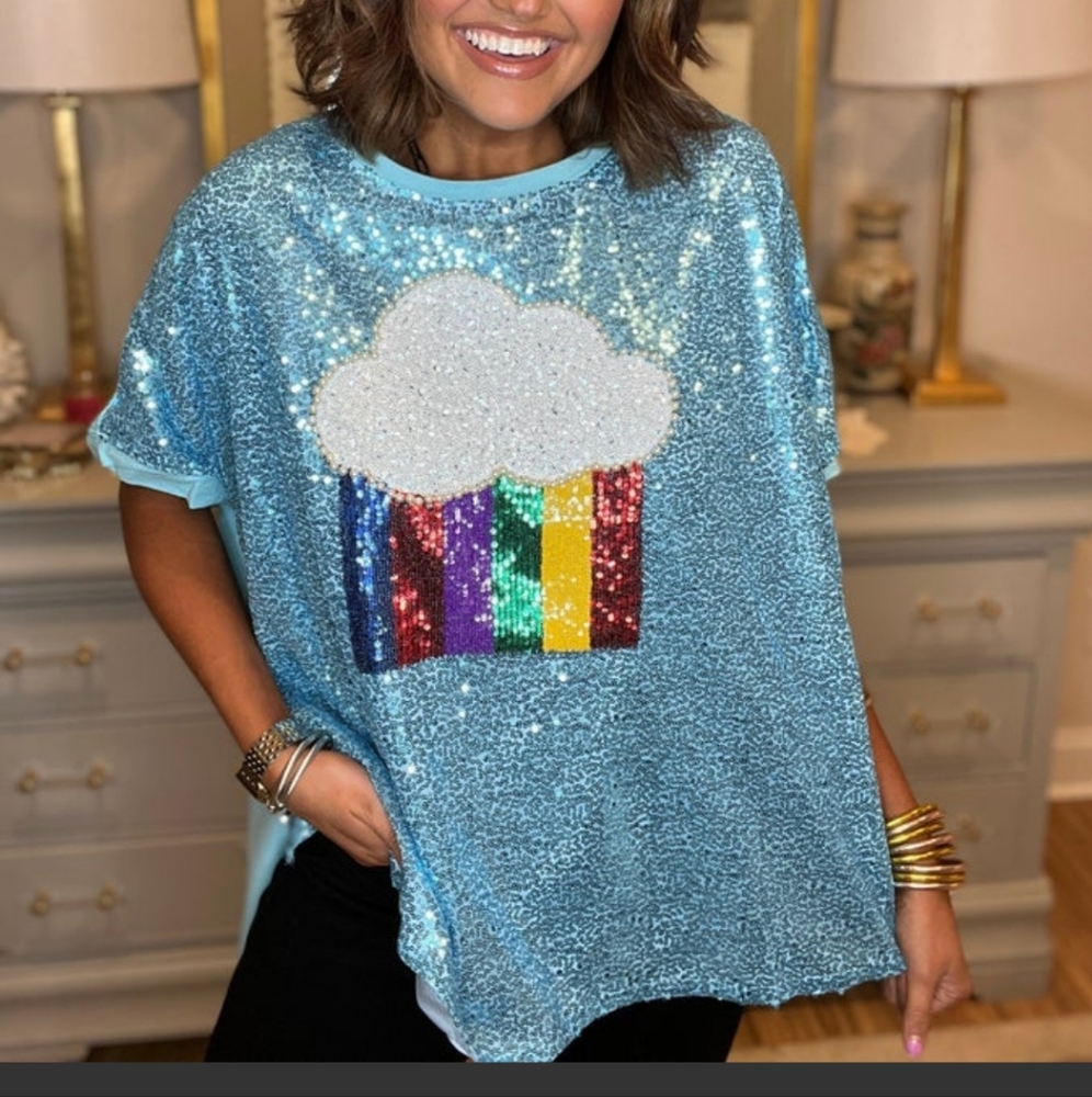 Fantastic Fawn Blue Sequin Top with Rainbow Cloud Design